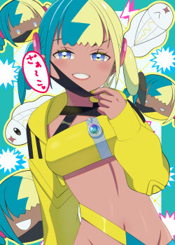 1girl absurdres bandeau blue_eyes canari_(pokemon) commentary_request cropped_jacket eyelashes gen_5_pokemon grin highres jacket long_sleeves looking_at_viewer mask mask_pull mouth_mask multicolored_hair multiple_views navel nemunemu_0826 nintendo open_clothes open_jacket pokemon pokemon_(creature) pokemon_legends:_z-a short_twintails sleeves_past_wrists smile speech_bubble teeth translation_request twintails tynamo yellow_bandeau yellow_jacket zipper_pull_tab