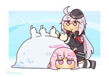 2girls ahoge armband black_jacket black_necktie blue_archive c96_(girls&#039;_frontline) closed_mouth commission crossover eimi_(blue_archive) garrison_cap girls&#039;_frontline grey_hair hair_ornament halo hat highres jacket lcron long_hair long_sleeves multiple_girls necktie open_clothes open_jacket pink_eyes pink_hair pink_halo pixiv_commission red_armband red_eyes smile snow snowball socks striped_clothes striped_socks thighhighs trait_connection twintails twitter_username