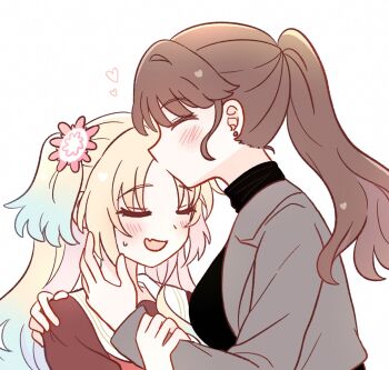 2girls :d black_sweater blonde_hair blue_hair blush brown_hair commentary earrings fang flower fujishima_megumi fujishima_megumi_(post-graduation) gradient_hair grey_jacket hair_flower hair_ornament hand_on_another&#039;s_shoulder heart highres jacket jewelry kiss kissing_forehead link!_like!_love_live! long_hair long_sleeves love_live! multicolored_hair multiple_girls open_clothes open_jacket open_mouth osawa_rurino pink_flower ponytail skin_fang smile stud_earrings suit_jacket sweatdrop sweater symbol-only_commentary turtleneck turtleneck_sweater virtual_youtuber watage_modoki yuri
