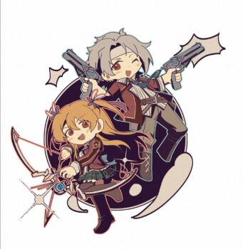 Rule 34 | 1boy, 1girl, alisa reinford, arrow (projectile), blonde hair, blue necktie, bow (weapon), chibi, crow armbrust, double-parted bangs, dual wielding, eiyuu densetsu, floating neckwear, full body, gun, hair between eyes, handgun, headband, holding, holding arrow, holding bow (weapon), holding gun, holding weapon, jacket, long hair, lrumamaki, necktie, one eye closed, red eyes, school uniform, sen no kiseki (series), sen no kiseki i, short hair, simple background, skirt, thors military academy class vii uniform, twintails, weapon