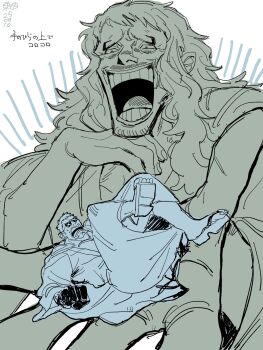 2boys blonde_hair falling geta higashida_623 highres japanese_clothes kimono kinjishi_no_shiki laughing long_hair looking_at_another male_focus mocking monochrome multiple_boys one_piece open_mouth scar scar_on_face scared short_hair silver_axe_kyo sketch small_sweatdrop smile sunglasses teeth white_hair
