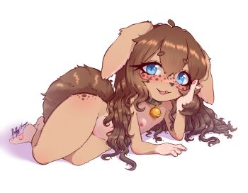 animal_ear_fluff ass blue_eyes brown_hair feet female_focus fluffy fluffyusagii furry furry_female legs loli long_hair looking_at_viewer nipples open_mouth original simple_background small_penis solo tail tongue white_background