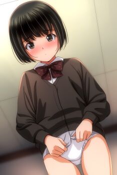 1girl black_hair blush bow bowtie brown_cardigan brown_eyes cardigan clothes_lift crotch_seam embarrassed flat_chest long_sleeves looking_at_viewer matsunaga_kouyou original panties red_bow red_bowtie school_uniform shirt shirt_lift short_hair standing underwear white_panties white_shirt