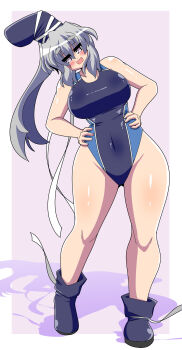 1girl absurdres akasode_(tyaramu) alternate_breast_size_(larger) black_hat black_one-piece_swimsuit black_shoes blush breasts commentary_request competition_swimsuit covered_navel full_body grey_background grey_eyes grey_hair hands_on_own_hips hat highres large_breasts long_hair looking_at_viewer mononobe_no_futo one-piece_swimsuit open_mouth ponytail shoes short_eyebrows solo standing swimsuit tate_eboshi touhou
