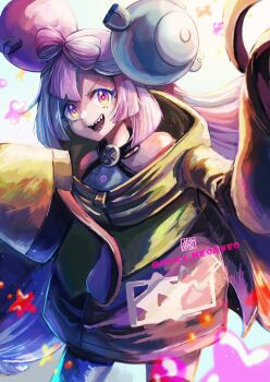 Rule 34 | 1girl, :d, artist name, blue hair, blunt ends, bow-shaped hair, character hair ornament, cowboy shot, criss-cross halter, fake hair bun, gen 1 pokemon, grey pantyhose, hair ornament, halter shirt, halterneck, highres, iono (pokemon), jacket, long hair, looking at viewer, magnemite, megane (0max megane0), mixed-language commentary, multicolored eyes, multicolored hair, nintendo, open mouth, oversized clothes, pantyhose, pink eyes, pink hair, pokemon, pokemon sv, sharp teeth, single leg pantyhose, sleeves past fingers, sleeves past wrists, smile, solo, split-color hair, star-shaped pupils, star (symbol), symbol-shaped pupils, teeth, two-tone hair, yellow eyes, yellow jacket