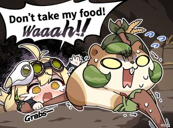 1girl @_@ animal antenna_hair blonde_hair blush chibi chibi_only commentary crying crying_with_eyes_open english_commentary english_text flying_sweatdrops goggles goggles_on_head green-tinted_eyewear highres long_hair low-tied_long_hair mask mask_on_head nako775 nervous_sweating nose_blush official_art open_mouth outline plague_doctor_mask pulling_tail raised_inner_eyebrows ridge_(stella_sora) sack_behind_back speech_bubble stella_sora sweat tears tinted_eyewear wheat white_outline yellow_eyes