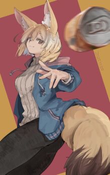 alternate_costume animal_ears black_pants blonde_hair blue_coat brown_eyes can casual coat cowboy_shot drink_can extra_ears fennec_(kemono_friends) fox_ears fox_girl fox_tail hair_between_eyes highres hood hood_down kemono_friends long_sleeves looking_at_viewer multicolored_hair nanana_(nanana_iz) open_clothes open_coat pants pov short_hair sidelocks smile soda_can sweater tail turtleneck turtleneck_sweater white_hair white_sweater