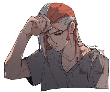 1boy arm_up collarbone commentary_request cropped_torso grey_shirt grisham_(pokemon) hair_down looking_down male_focus multicolored_hair nintendo pk12_z pokemon pokemon_legends:_z-a red_hair shirt short_sleeves sideburns solo v-neck watermark wet wet_hair white_hair