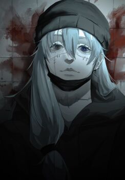 1boy beanie black_hoodie black_shirt blood blood_splatter blue_eyes blue_hair deadpan hair_between_eyes hair_over_shoulder hat highres hood hood_down hoodie jujutsu_kaisen katsumira looking_at_viewer mahito_(jujutsu_kaisen) male_focus mask mouth_mask ponytail shirt smirk solo stitched_face stitched_neck stitches straight-on tile_wall tiles upper_body