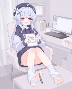 barefoot between_toes blush computer eugenecolin fang hat highres holding_with_feet indoors legs original purple_eyes skin_fang soles solo toeless_socks toes