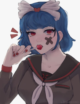 1girl 2022 artist_name bandage_on_face bandages bandaid black_hair blue_hair blush breasts candy commentary dark_blue_hair english_commentary english_text fingernails food gradient_eyes gradient_hair hair_ornament highres holding holding_candy holding_food holding_lollipop l3m0n60y light_blush lollipop looking_at_viewer multicolored_eyes multicolored_hair nail_polish red_eyes red_nails ritsuko_chikanari school_uniform short_hair small_breasts solo yandere_simulator yellow_eyes