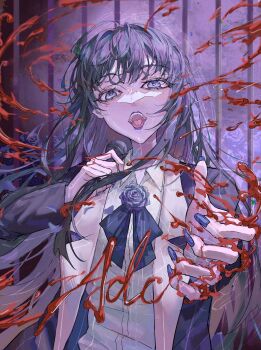 1girl 832_krab ado_(utaite) ado_box black_hair blue_eyes blue_flower blue_lips blue_nails blue_rose chando_(ado) commentary dress_shirt flower highres holding holding_microphone long_hair microphone mole mole_under_eye nail_polish open_mouth rose shirt solo utaite white_shirt