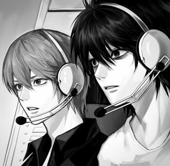 2boys 31kei collared_shirt commentary_request death_note greyscale hair_between_eyes headset highres korean_commentary l_(death_note) looking_ahead monochrome multiple_boys nose parted_lips shirt short_hair teeth yagami_light