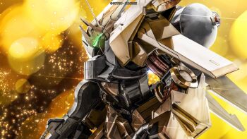 absurdres aeug battle beam_rifle cable copyright_notice debris energy_gun explosion glowing green_visor gundam gundam_battle_operation_2 gundam_msv highres hyaku_shiki_kai machinery mecha mecha_focus mobile_suit painting_(medium) radio_antenna realistic robot scan science_fiction space sunrise_(company) tenjin_hidetaka traditional_media weapon