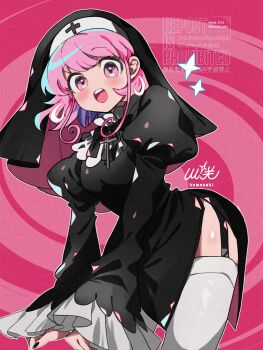 1girl black_channel black_dress black_veil blush breasts character_request coif commentary_request dress garter_straps highres kawasaki_(kwsk_8765) long_hair long_sleeves looking_at_viewer medium_breasts nun open_mouth pink_eyes pink_hair puffy_sleeves side_slit smile solo teeth thighhighs upper_teeth_only veil white_thighhighs