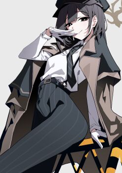 1girl absurdres black_eyes black_hair black_necktie black_pants blue_archive bright_pupils brown_halo closed_mouth coat coat_on_shoulders cowboy_shot glove_in_mouth gloves halo hat highres hiromi_(blue_archive) its2h35 long_sleeves looking_at_viewer mouth_hold necktie pants peaked_cap removing_glove shirt shirt_tucked_in short_hair simple_background smile solo striped_clothes striped_pants white_gloves white_pupils white_shirt