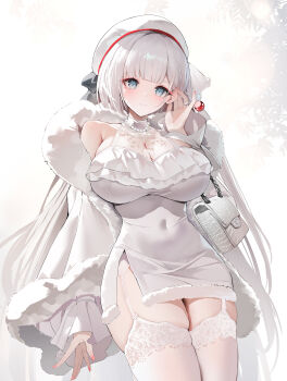 1girl absurdres adjusting_hair bag bare_shoulders bead_necklace beads beret blue_eyes blunt_bangs blush breasts cleavage closed_mouth coat commentary covered_navel cowboy_shot dress english_commentary eyeshadow frilled_dress frills fur-trimmed_coat fur-trimmed_sleeves fur_trim garter_belt handbag hat highres impossible_clothes impossible_dress jewelry large_breasts long_hair long_sleeves looking_at_viewer makeup necklace off_shoulder open_clothes open_coat original red_eyeshadow ring short_dress shoulder_bag simple_background smile solo thighhighs tsuru_ai_momono very_long_hair wedding_ring white_background white_coat white_hair white_hat white_theme white_thighhighs wide_sleeves