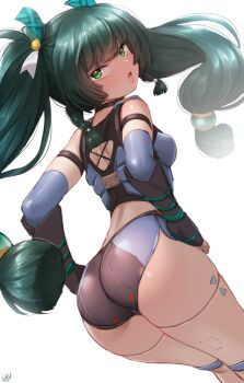 1girl android angry ass bent_over black_gloves black_shirt black_shorts blush born-to-die braid breasts bulletproof_vest choker fingerless_gloves from_behind gloves green_background green_eyes green_hair hair_ornament hair_ribbon hands_on_own_hips highres long_hair looking_at_viewer looking_back open_mouth police police_uniform policewoman qingyi_(zenless_zone_zero) ribbon robot shirt short_shorts shorts sleeveless sleeveless_shirt small_breasts standing teeth twin_braids twintails white_background zenless_zone_zero