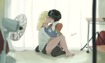 bare_legs black_hair blonde_hair blurry blurry_foreground bridget_(guilty_gear) closed_eyes commentary couple curtains electric_fan english_commentary guilty_gear guilty_gear_strive guilty_gear_strive:_dual_rulers highres hug kiss miniskirt multicolored_hair off-shoulder_jacket off_shoulder skirt streaked_hair trap unika_(guilty_gear) yukoa36