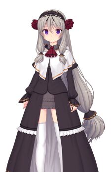 1girl ascot black_dress capelet closed_mouth dress expressionless flower full_body game_cg grey_hair hair_between_eyes hair_flower hair_ornament hairband kourin_tenshi_en_ciel_rena kura_(en_ciel_rena) large_variant_set long_hair long_sleeves looking_at_viewer low-tied_long_hair non-web_source official_art purple_eyes rose saitou_natsuki shoes skirt solo standing suhamaya tachi-e thighhighs transparent_background variant_set very_long_hair white_capelet white_thighhighs zettai_ryouiki
