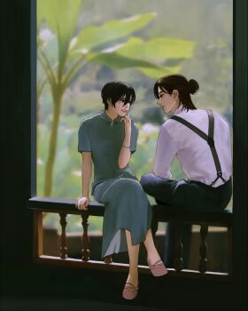 1boy 1girl black_hair black_pantyhose blue_dress blurry blurry_background brown_shoes collared_shirt dress eren_yeager facial_scar full_body hair_between_eyes hair_bun half_updo hand_to_own_mouth highres long_dress looking_at_another medium_hair mikasa_ackerman pantyhose parted_bangs parted_lips scar scar_on_cheek scar_on_face shingeki_no_kyojin shirt shoes short_hair short_sleeves sitting smile sumiensp suspenders white_shirt