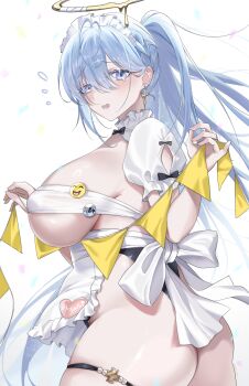1girl absurdres apron ass blue_eyes blue_hair blush breasts commentary_request cross cross_earrings earrings emoji flying_sweatdrops from_side hair_between_eyes halo highres holding jewelry large_breasts long_hair looking_at_viewer maid maid_apron maid_headdress melting_halo original oxygen_mask_(oxygenmask233) pennant puffy_short_sleeves puffy_sleeves revealing_clothes short_sleeves sideboob simple_background solo standing thigh_strap thighs wavy_mouth white_apron white_background yellow_halo