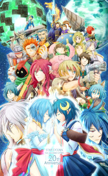 Rule 34 | absurdres, ashton anchors, blue hair, bowman jean, celine jules, chisato madison, claude c. kenny, closed mouth, crescent, crescent hair ornament, dias flac, ernest raviede, filia (star ocean), gabriel (star ocean), gun, hair ornament, highres, holding, holding gun, holding sword, holding weapon, leon geeste, long hair, lucifer (star ocean), multiple boys, multiple girls, noel chandler, open mouth, opera vectra, pointy ears, precis neumann, rena lanford, short hair, star (sky), star ocean, star ocean: the second story, sword, tento, weapon, zadkiel (star ocean)