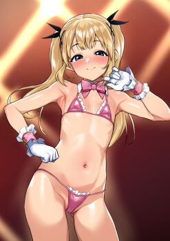 1girl bikini blonde_hair blue_eyes blush bow bowtie breasts dead_or_alive detached_collar frilled_bikini frills gloves hadacra long_hair looking_at_viewer marie_rose navel pink_bikini small_breasts smile solo swimsuit twintails