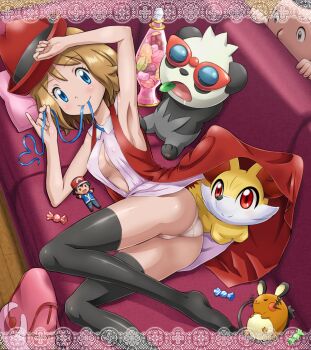 10s 1girl armpits ash_ketchum black_thighhighs blonde_hair blue_eyes blue_ribbon breasts candy character_doll cleavage covered_erect_nipples creature dedenne doll feet fennekin food fox gen_6_pokemon hat highres md5_mismatch medium_breasts mouse_(animal) mouth_hold nintendo no_shoes pancham panda panties pantyshot pokemoa pokemon pokemon_(anime) pokemon_(creature) pokemon_xy ribbon ribbon_in_mouth serena_(pokemon) short_hair skirt sleeping sunglasses thighhighs tierno_(pokemon) underwear white_panties