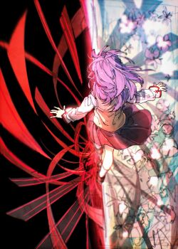 1girl black_background black_skirt brown_shoes brown_vest commentary_request fate/stay_night fate_(series) floating_clothes floating_hair floral_background flower from_behind full_body hair_ribbon highres long_hair long_sleeves matou_sakura pink_flower pleated_skirt puffy_long_sleeves puffy_sleeves purple_hair red_ribbon ribbon shadow shirt shoes skirt sksk_sn09 socks solo vest walking white_shirt white_socks