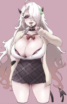 1girl black_collar black_skirt blush breasts candy collar demon demon_girl demon_horns demon_tail ear_piercing face_piercing food gyaru hair_over_one_eye helltaker highres horns huge_breasts jacket lollipop long_hair looking_at_viewer mouth_piercing nose_piercing open_clothes open_jacket piercing red_eyes school_uniform sharp_teeth shirt skirt sumiosmith tail teeth tongue tongue_out white_jacket white_shirt zdrada_(helltaker)