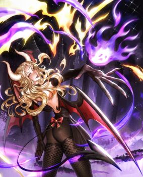 1girl absurdres ass character_request commentary commission copyright_request demon_girl dromi999 english_commentary fire from_behind highres horns looking_at_viewer looking_back solo tagme