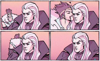 2boys closed_eyes closed_mouth draven facial_hair fur-trimmed_jacket fur_trim gatopescado3 heart highres jacket kiss kissing_cheek league_of_legends long_hair looking_at_another looking_at_viewer male_focus multiple_boys muscular muscular_male mustache short_hair sideways_glance swain_(league_of_legends) yaoi