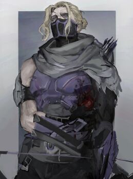 1boy armor avengers_(series) black_gloves black_pants blonde_hair blood blood_on_armor blood_on_hands blue_eyes border bow_(weapon) breastplate commentary cowboy_shot fingerless_gloves gloves gradient_background gradient_border grey_background grey_border grey_scarf hair_bun hashtag-only_commentary hawkeye_(marvel) highres holding holding_bow_(weapon) holding_weapon injury looking_up male_focus marvel marvel_rivals mask mouth_mask muscular muscular_male pants parted_bangs purple_armor quiver scarf solo swampchan000 symbol-only_commentary weapon white_border