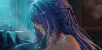 1girl acheron_(honkai:_star_rail) commentary cropped from_side hair_over_one_eye highres honkai:_star_rail honkai_(series) implied_nudity long_hair open_mouth paid_reward_available profile purple_hair rororo solo upper_body