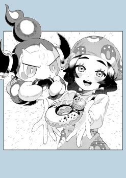 1girl absurdres ansha_(pokemon) black_hair blush braid commentary_request donut eating food gen_6_pokemon headscarf highres holding holding_food hoopa legendary_pokemon long_hair looking_at_viewer monochrome mythical_pokemon nintendo open_mouth pokemon pokemon_(creature) pokemon_legends:_z-a simple_background smile standing teeth twin_braids upper_body upper_teeth_only white_background yochi_(kohammt)