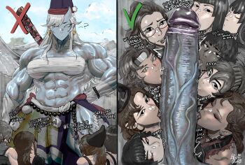 Rule 34 | 6+girls, ?, abs, absurdres, bead necklace, beads, black eyes, blue horns, blue ogre, blue oni, blue skin, blue sky, blush, bob cut, breasts, broad shoulders, brown hair, closed eyes, colored skin, commentary, cooperative fellatio, dark-skinned female, dark skin, deltoids, english commentary, english text, eyeshadow, fellatio, fujimura teruyo (blue ogre), futa with female, futanari, futanari pov, gigantic penis, glasses, grey eyes, grey hair, group sex, headband, heart, highres, horns, huge penis, jewelry, kissing penis, large penis, licking, licking penis, long hair, looking at viewer, makeup, medium breasts, multiple girls, muscular, muscular female, necklace, obliques, oni, open mouth, oral, original, outdoors, penis, pov, pov crotch, red eyeshadow, saliva, sex, short hair, shredded muscles, sky, sword, sword on back, tall female, teamwork (sexual), thighs, tongue, tongue out, triceps, veins, veiny penis, weapon, weapon on back, white hair