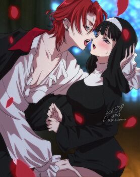 2girls artist_name black_hair blush breasts church ear_piercing falling_petals halloween hand_on_another&#039;s_head hand_on_another&#039;s_thigh multiple_girls nun original petals piercing red_hair reverse_trap short_hair stained_glass sweatdrop twitter_username vampire_costume yanqi_momota yuri