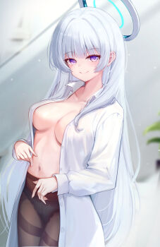 1girl absurdres black_panties black_pantyhose blue_archive breasts commentary_request halo highres large_breasts long_hair looking_at_viewer mechanical_halo navel nezumi_(09261377) noa_(blue_archive) open_clothes open_shirt panties panties_under_pantyhose pantyhose purple_eyes shoes smile solo stomach underwear very_long_hair white_hair white_shoes