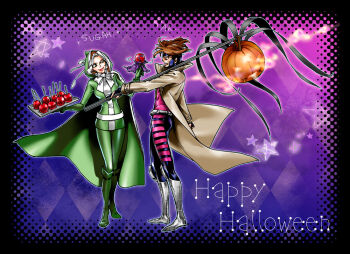 10s 1boy 1girl apple belt boots brown_hair caramel_apple food fruit gambit gloves green_footwear halloween hood jack-o'-lantern marvel multicolored_hair neck_brace rogue_(x-men) shoes staff tray two-tone_hair x-men