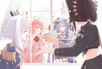 :t ahoge animal_ears black_jacket black_skirt blue_eyes blue_gloves blue_hair blue_jacket blue_necktie blush chamomile_(kazumasa) chopsticks closed_eyes collared_jacket commentary_request cowboy_shot cropped_jacket crown diamond_hairband epaulettes feeding fox_ears gloves green_eyes hair_bun highres holding holding_chopsticks hololive hoshimachi_suisei hoshimachi_suisei_(stellar_into_the_galaxy) jacket long_hair looking_at_another looking_inside mini_crown necktie ookami_mio ookami_mio_(our_sparkle) outline pink_hair pleated_skirt ponytail quilted_clothes sakura_miko sakura_miko_(flower_fantasista!) shirakami_fubuki shirakami_fubuki_(fbkingdom) sidelocks single_glove skirt thigh_strap translation_request virtual_youtuber white_hair window