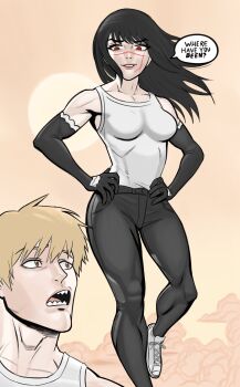 1boy 1girl anissa_(invincible) black_gloves black_hair black_pants blonde_hair breasts chainsaw_man commentary denji_(chainsaw_man) elbow_gloves english_commentary english_text facial_scar gloves highres invincible_(series) long_hair medium_breasts pants red_eyes scar scar_on_cheek scar_on_face scar_on_nose scene_reference sharp_teeth speech_bubble tank_top teeth thebabalgam white_tank_top yoru_(chainsaw_man)