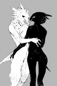 1boy 1girl ass bird_boy bird_girl body_fur commentary_request completely_nude cowboy_shot feathers furry furry_female furry_male grabbing_another&#039;s_ass grey_background greyscale groping hand_on_another&#039;s_back looking_at_viewer monochrome nagabe nude original simple_background standing tail