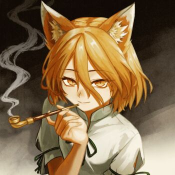 Rule 34 | 1girl, animal ear fluff, animal ears, blonde hair, chunjiu, closed mouth, commentary, fox ears, fox girl, green ribbon, hair between eyes, highres, holding, holding smoking pipe, kiseru, kudamaki tsukasa, looking at viewer, ribbon, romper, short sleeves, sleeve ribbon, smile, smoke, smoking pipe, solo, touhou, white romper, yellow eyes