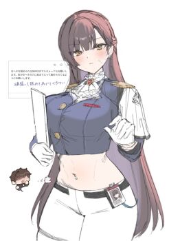 1boy 1girl ascot belt black_belt blush breasts brown_eyes brown_hair chibi clipboard closed_mouth commander_(nikke) commentary_request cowboy_shot crop_top cropped_jacket earrings epaulettes gloves goddess_of_victory:_nikke head_tilt highres holding holding_clipboard id_card jacket jewelry large_breasts lia_(pzvs3887) long_hair looking_at_viewer marciana_(nikke) midriff military_jacket name_tag navel navel_piercing pants piercing short_hair solo_focus stomach taut_jacket tight_clothes tight_pants translation_request white_ascot white_background white_gloves white_pants