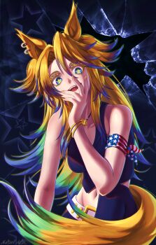 Rule 34 | 1girl, absurdres, american flag, american flag print, animal ears, bandana around arm, bare shoulders, belt, black shirt, blonde hair, blue eyes, blue hair, breasts, broken glass, commentary, english commentary, flag print, glass, hand on own face, highres, horse ears, horse girl, horse tail, jewelry, long hair, looking at viewer, matsel arts, multicolored hair, navel, necklace, obey your master (umamusume), open mouth, pants, shirt, sleeveless, sleeveless shirt, smile, solo, star-shaped pupils, star (symbol), star necklace, symbol-shaped pupils, tail, teeth, two-tone hair, umamusume, umamusume: cinderella gray, white belt, yellow nails