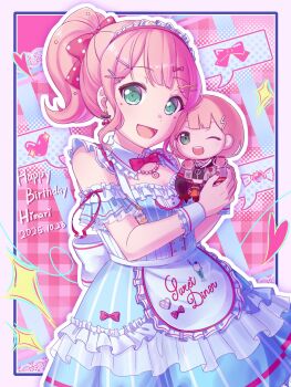 1girl :d ;d apron bang_dream! bare_shoulders blue_dress bow candy dated dress earrings food food-themed_earrings frilled_dress frills gorilla-chan_(axpdxsyc0222) green_eyes hair_bow hair_ornament happy_birthday heart highres holding holding_stuffed_toy jewelry looking_at_viewer maid_headdress one_eye_closed open_mouth pink_bow pink_hair ponytail smile solo stuffed_animal stuffed_toy uehara_himari upper_body white_apron x_hair_ornament