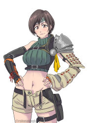 Rule 34 | 1girl, absurdres, armor, asymmetrical armor, black gloves, breasts, brown hair, brown shorts, chest strap, closed mouth, cowboy shot, crop top, cropped sweater, elbow gloves, final fantasy, final fantasy vii, final fantasy vii rebirth, final fantasy vii remake, fingerless gloves, gloves, green sweater, hands on own hips, headband, highres, kubo tite (style), medium breasts, midriff, open fly, rakusakugk, ribbon, short hair, short shorts, shorts, shoulder armor, single bare shoulder, single shoulder pad, smile, solo, sweater, twitter username, white background, yuffie kisaragi