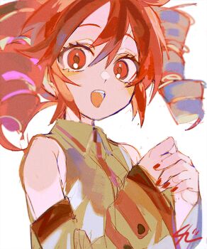 1girl collared_shirt commentary_request detached_sleeves drill_hair kasane_teto kasane_teto_(utau) korean_commentary long_sleeves looking_at_viewer nail_polish open_mouth own_hands_together red_eyes red_hair senzzang shirt sleeveless sleeveless_shirt smile solo twin_drills utau