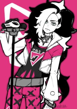 1boy absurdres belt black_gloves black_hair blue_eyes choker colored_skin cowboy_shot cropped_jacket eyeshadow frown gerokizoku gloves grey_belt grey_eyeshadow hair_over_one_eye half-closed_eyes highres long_hair looking_at_viewer makeup male_focus microphone microphone_stand multicolored_hair nintendo partially_colored pectoral_cleavage pectorals pendant_choker piers_(pokemon) pink_theme pokemon pokemon_swsh ponytail skin_tight sleeve_slit solo two-tone_hair wavy_hair white_hair white_skin wide_sleeves